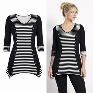 Frank Lyman Striped Tunic Top Black White Studded Stretch Sz 10